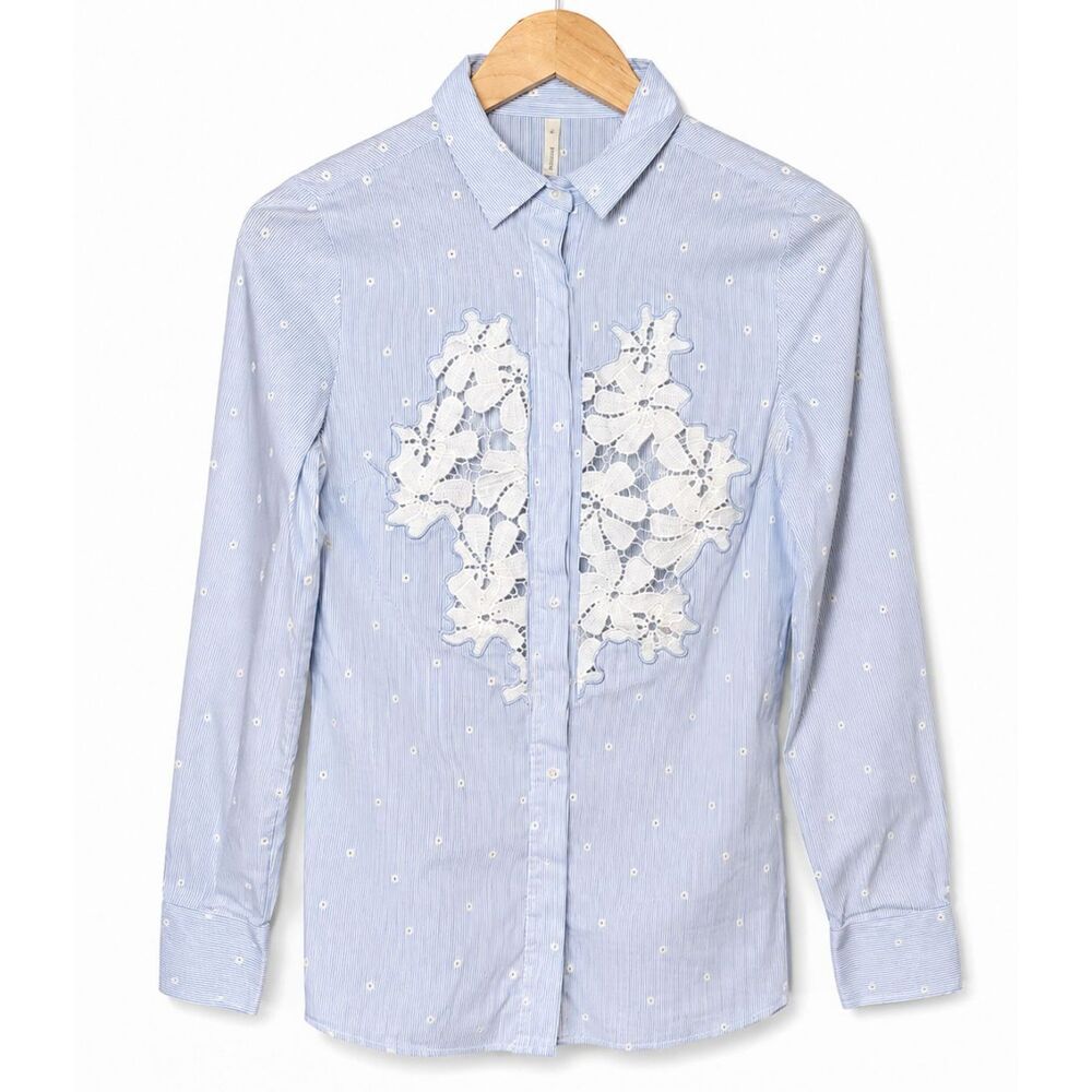 Exetera Blue Stripe Daisy Button-Up Shirt M Floral Lace Appliqué Collared Blouse